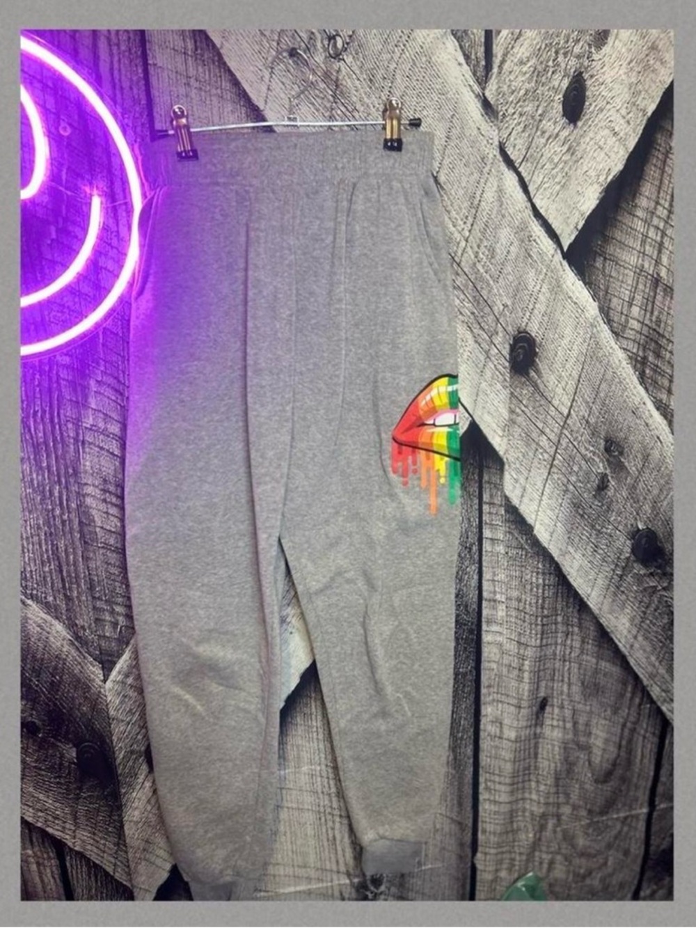 Active USA Gray Sweatpants with Rainbow Drip Lips Graphic